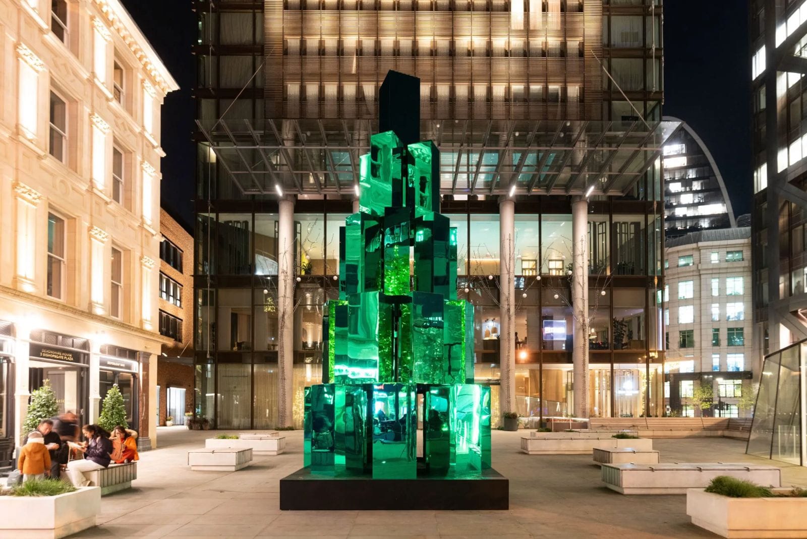 Arnaud Lapierre's MOSAIC, a green mirrored-cube festive installation outside Pan Pacific London