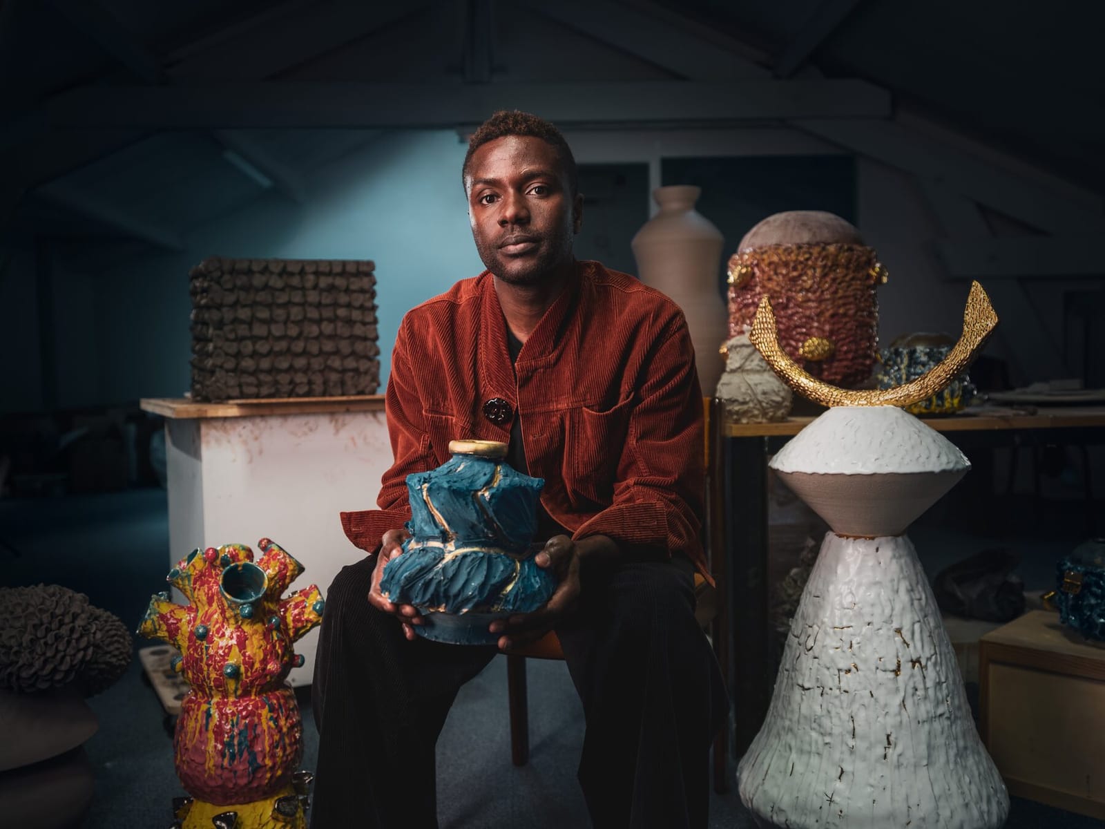 Ceramic artist King Houndekpinkou with his commissioned installation for Glenfiddich Grand Yozakura's Tokyo After Dark at Harrods, 2023